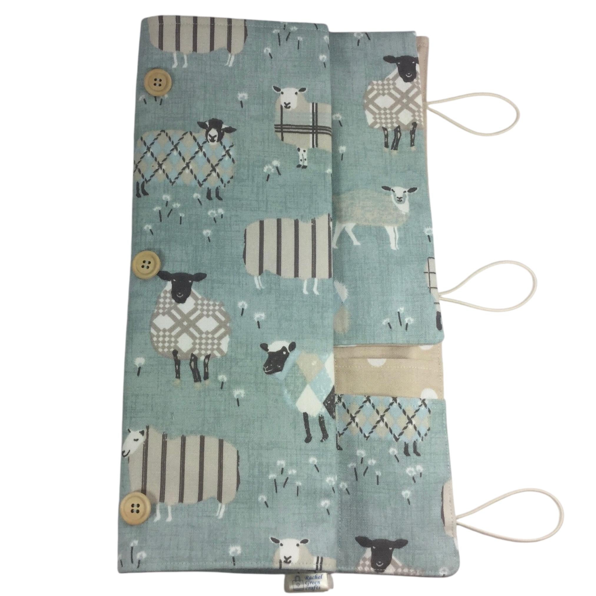 Straight and circular knitting needle case with blue sheep, knitting needle pouch,  needle storage, long needles wallet, fixed sock needle