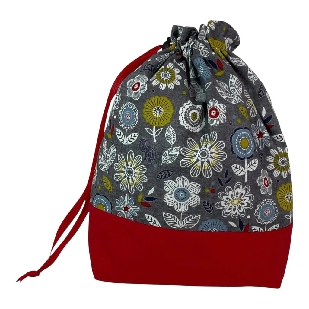 Two at a time knitting bag with floral print, medium sock sack, drawstring divided crochet and crafting work in progress bag, WIP