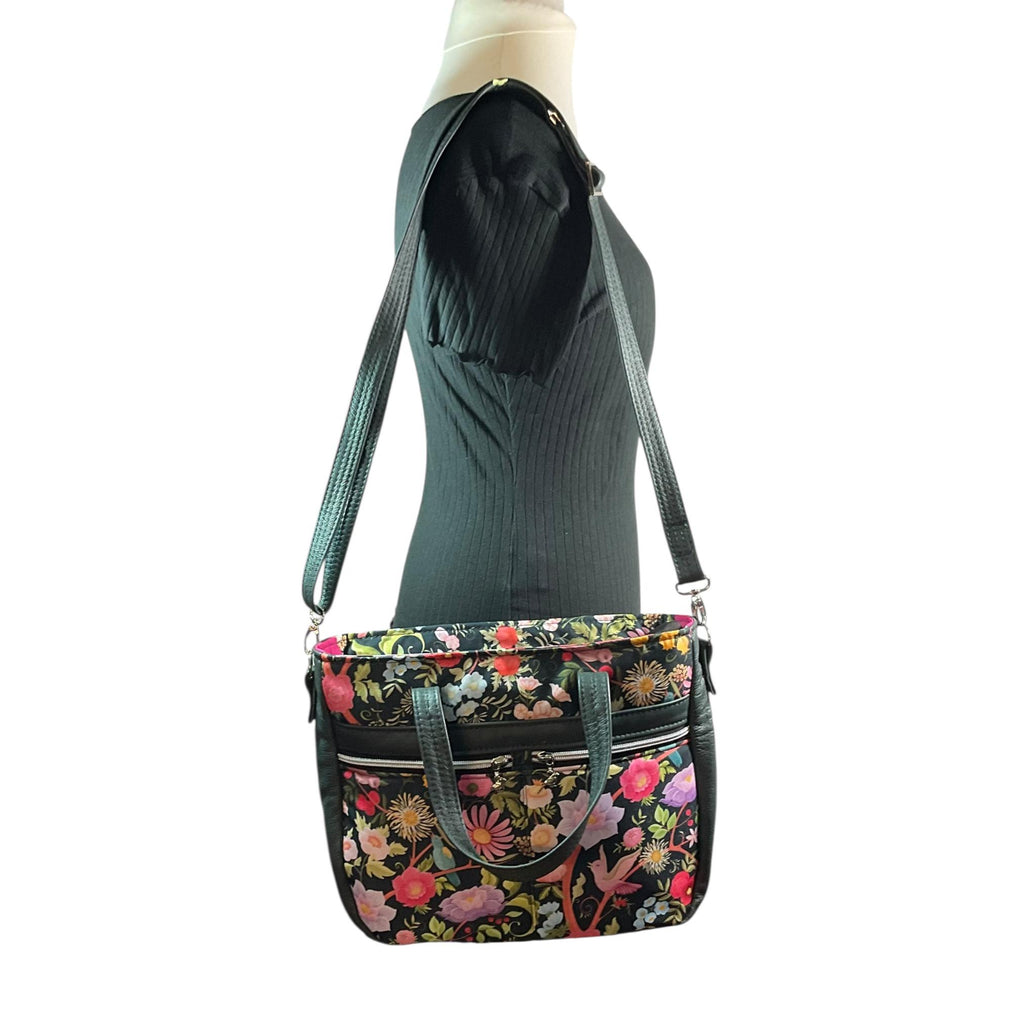 Crossbody Handbag with floral bird print, made in genuine leather, unique large woodland shoulder tote, zip pocket,  ladies gift