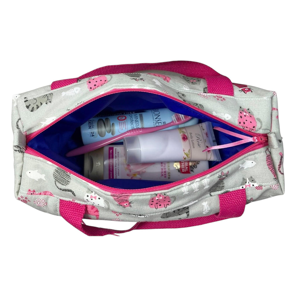 Large cat toiletries bag with handles and zip pocket, mouse print Waterproof lined wash pouch, camping  ladies  gift, womens sponge bag