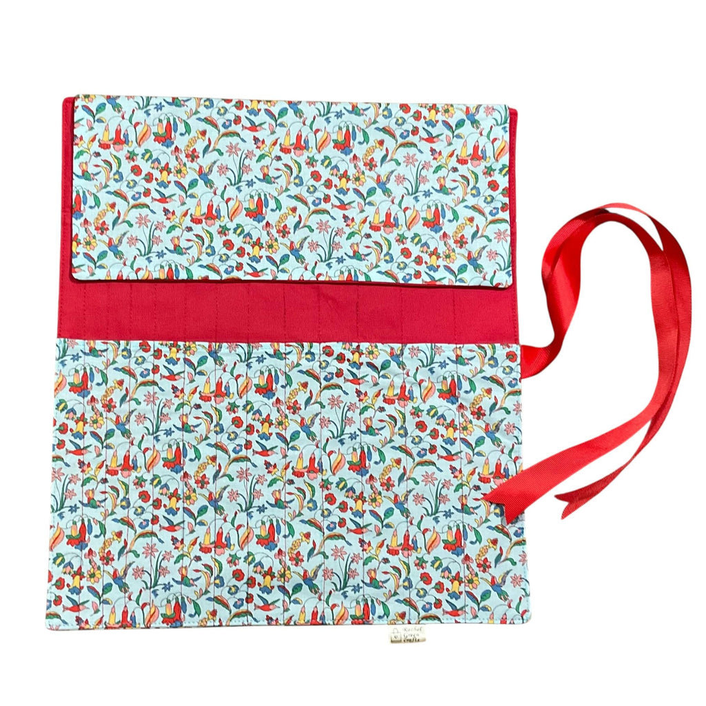 Liberty floral print Straight knitting needle case, bird needle roll, ribbon tie storage, crafting accessories, knitters gift, organiser