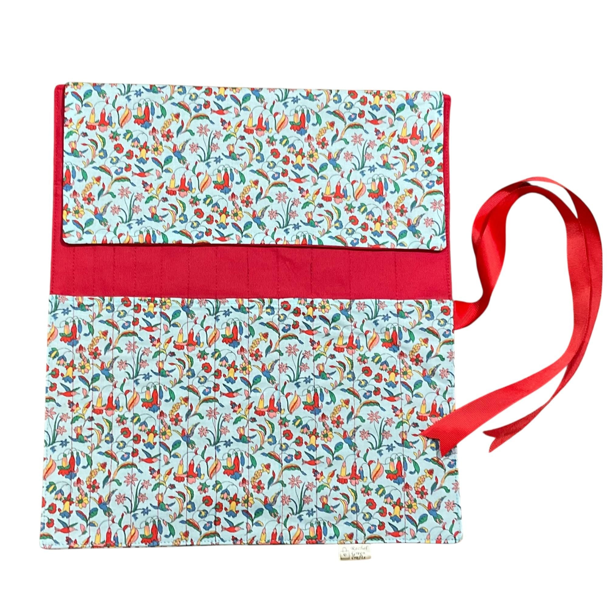 Liberty floral print Straight knitting needle case, bird needle roll, ribbon tie storage, crafting accessories, knitters gift, organiser
