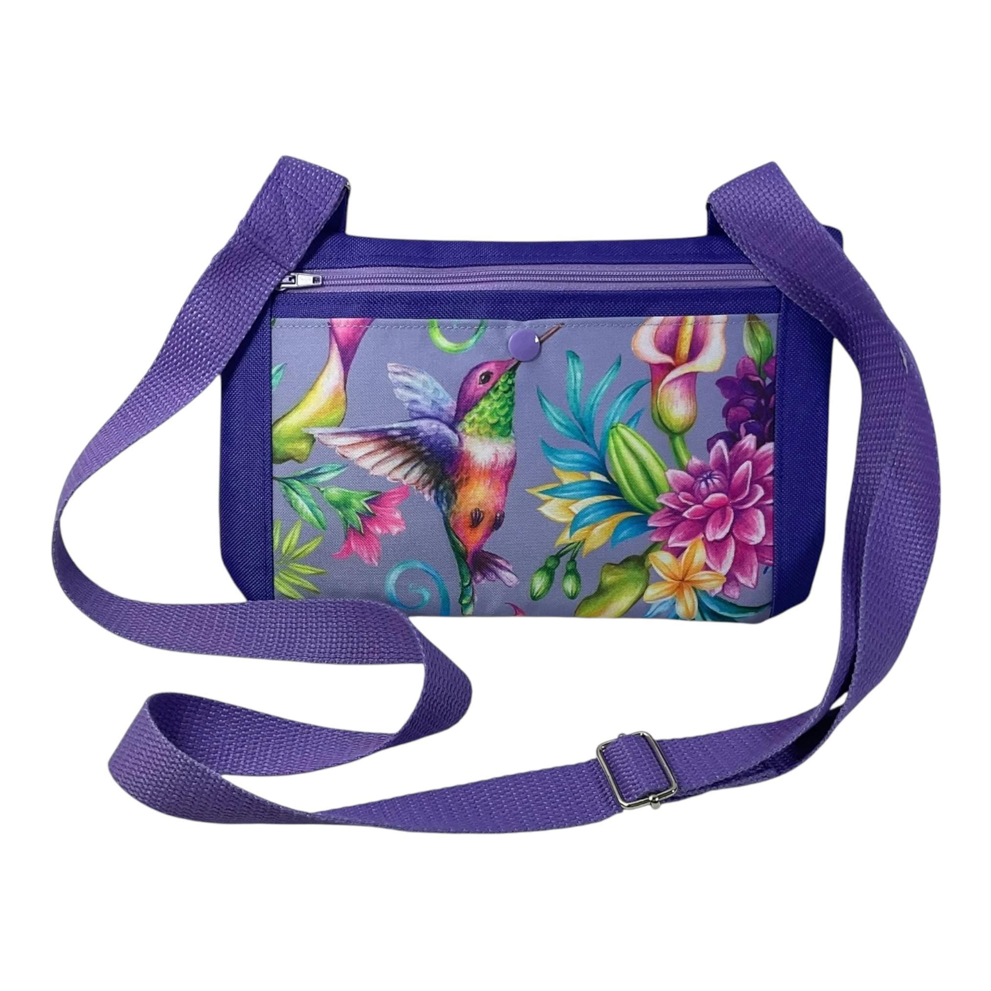 Small shoulder phone bag, flat hummingbird print Pouch, purple handbag, teenager purse, essentials bag