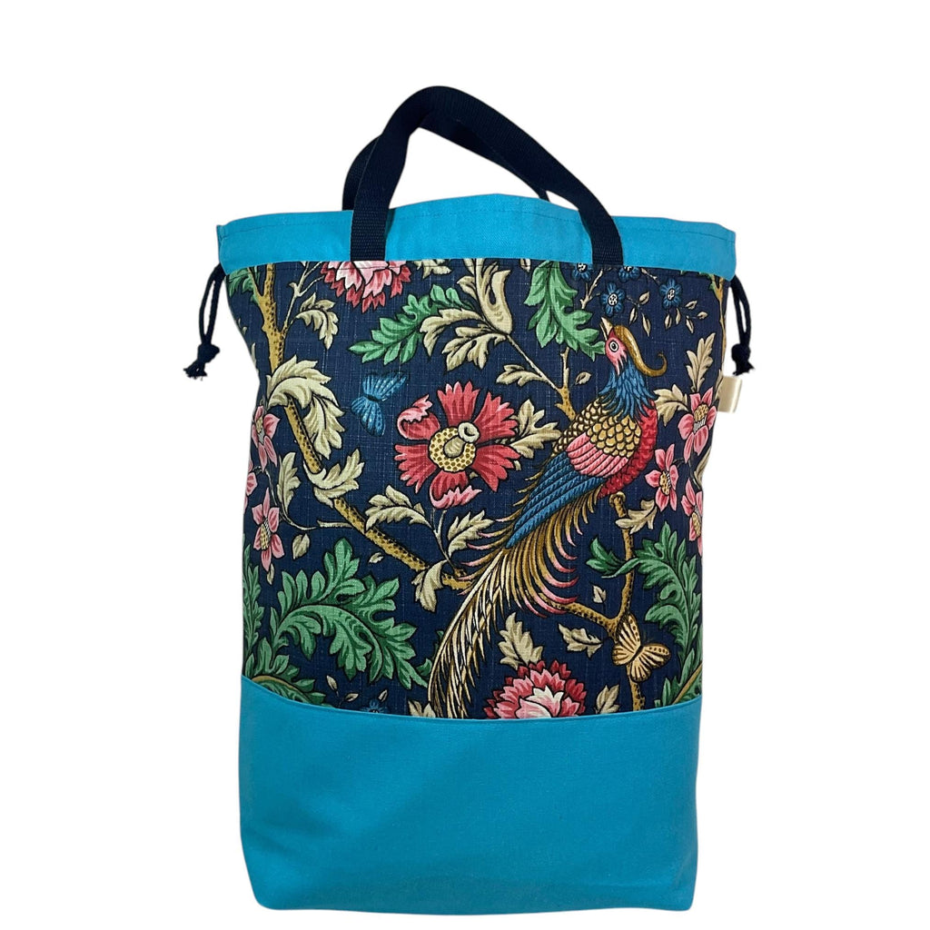 XXL drawstring knitting bag with floral and bird print, canvas  supersized multi pockets project bag with handles,  crafters gift
