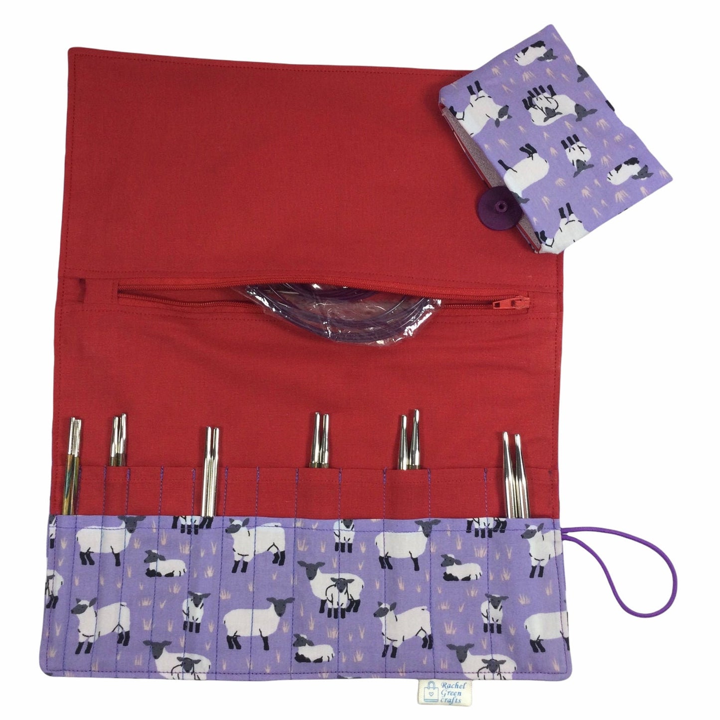 Interchangeable knitting needle case with purple sheep