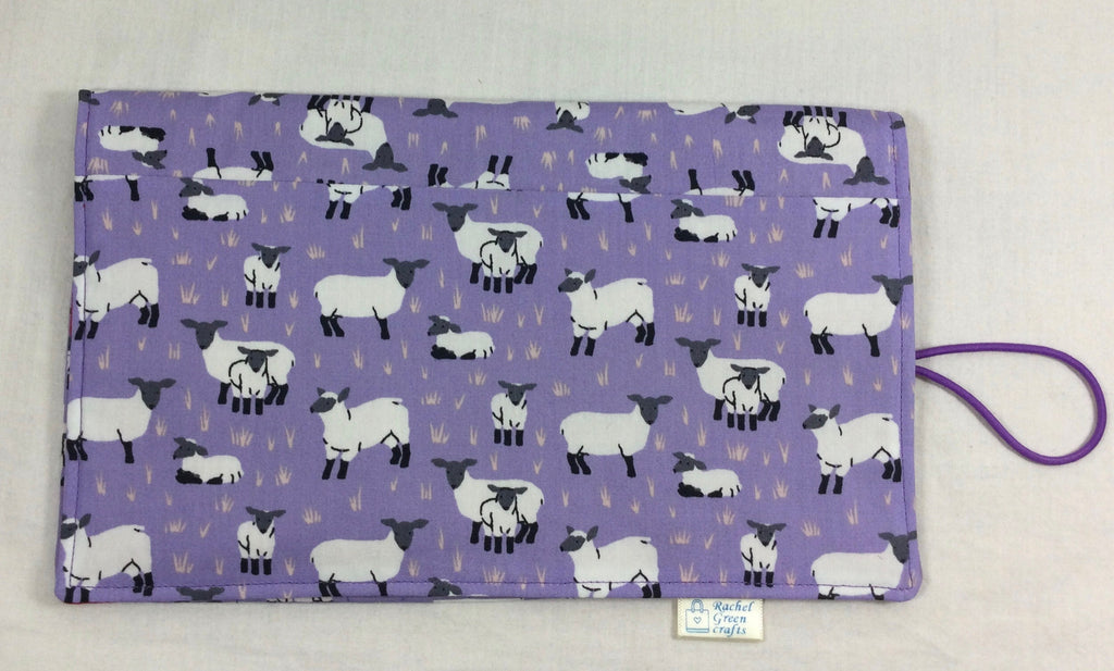 Interchangeable knitting needle case with purple sheep, addi needle case, chiagoo wallet, knit pro organiser pouch, hiya hiya case,