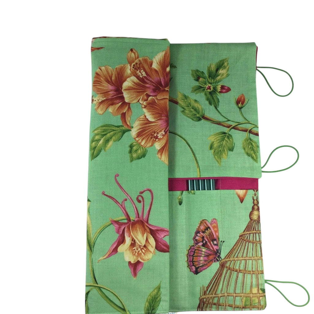 Straight and double pointed knitting needle case with floral birds, needle pouch, needle storage, long needles wallet, sock needle