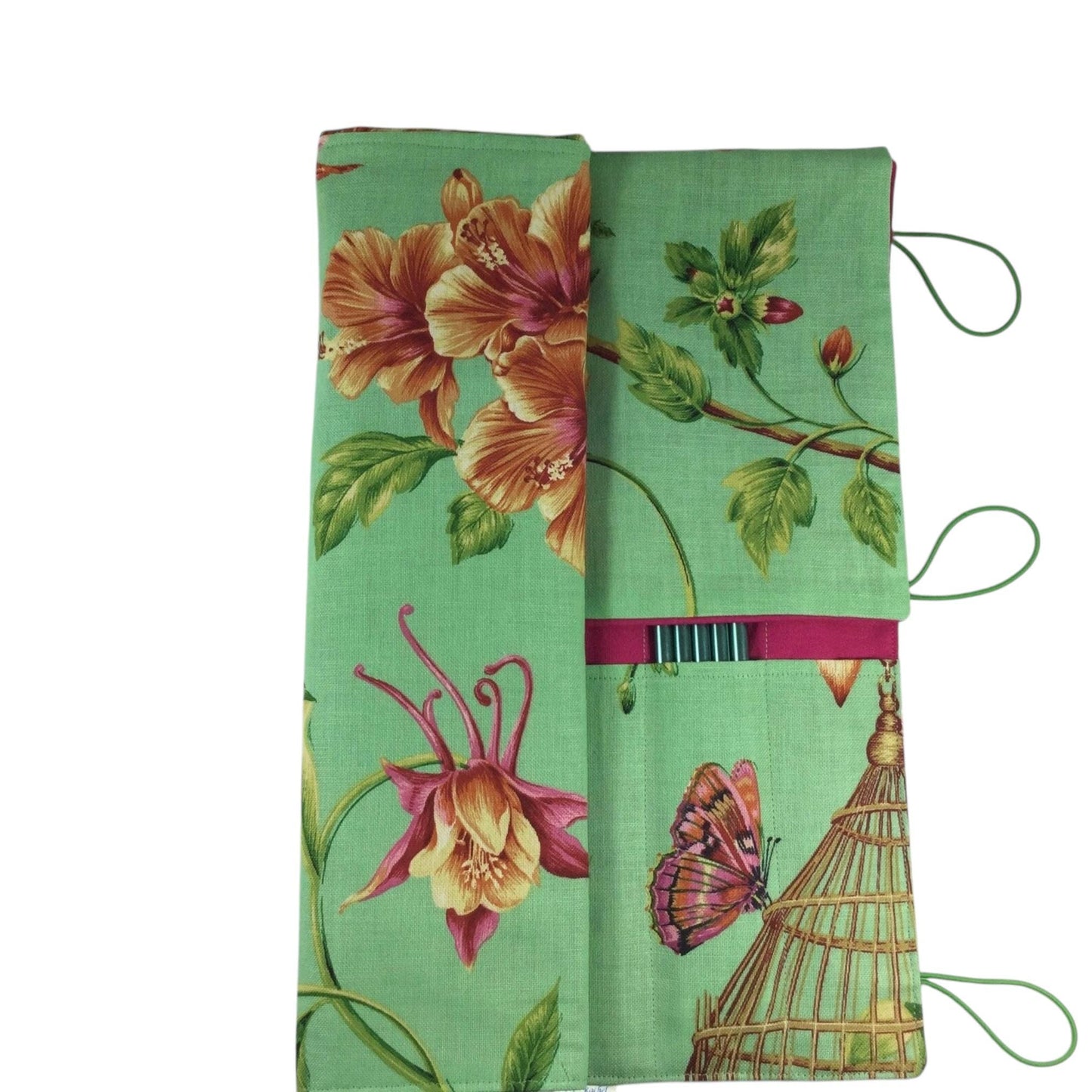 Straight and double pointed knitting needle case with floral birds