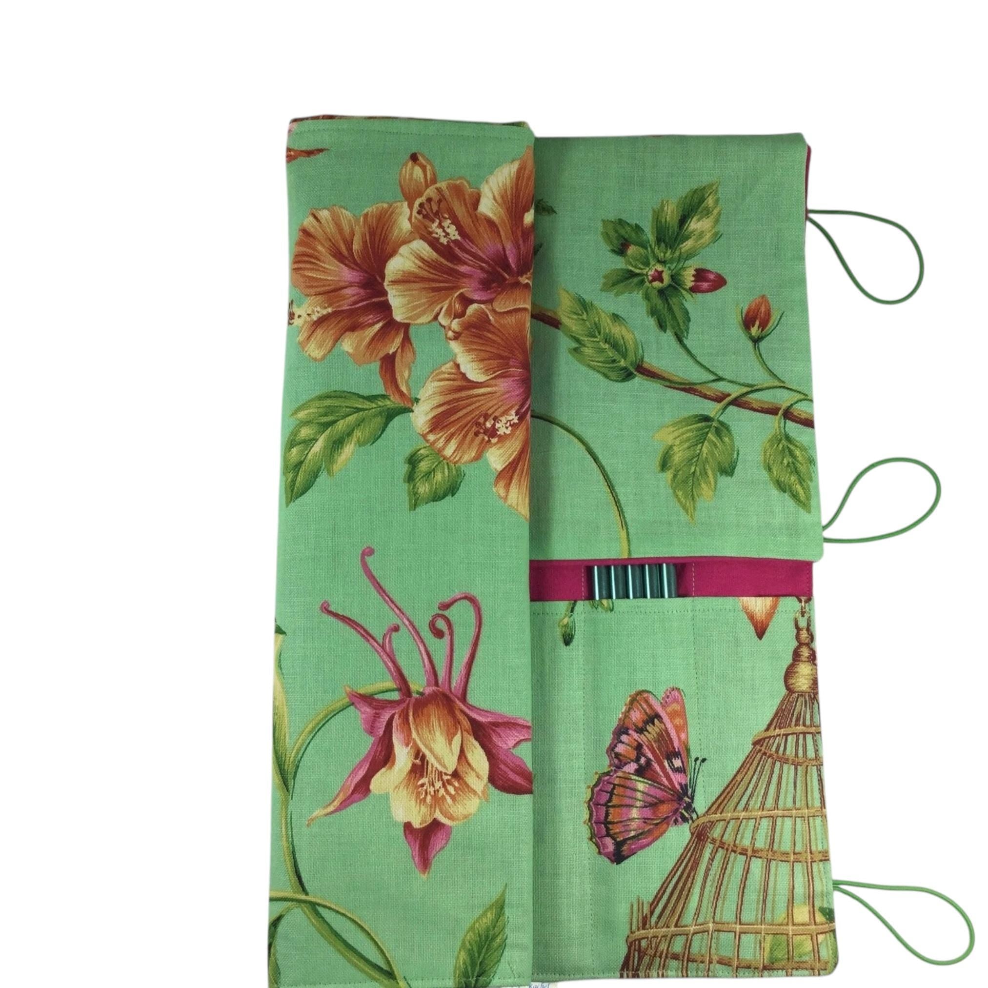 Straight and double pointed knitting needle case with floral birds, needle pouch, needle storage, long needles wallet, sock needle