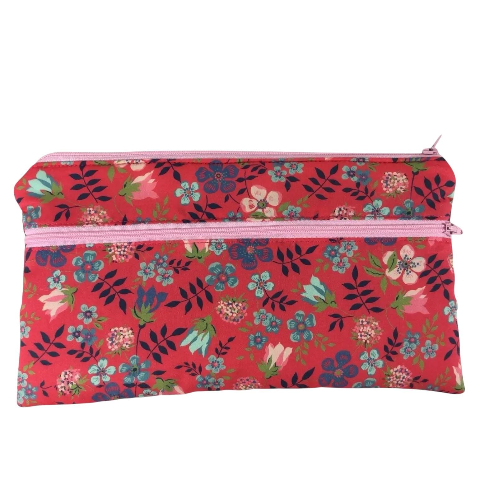 Liberty fabric two pocket pouch, double pocket cosmetics case, 2 section pencil storage,  floral water resistant ladies gift, girls privacy