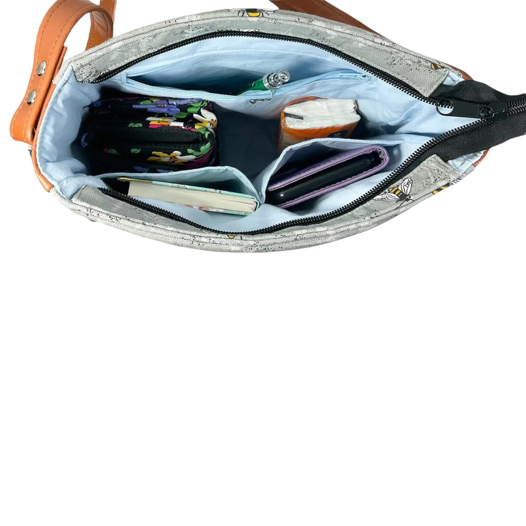 Handbag in faux leather and bee print,  vegan ladies gift, crossbody bag, shoulder zip pouch