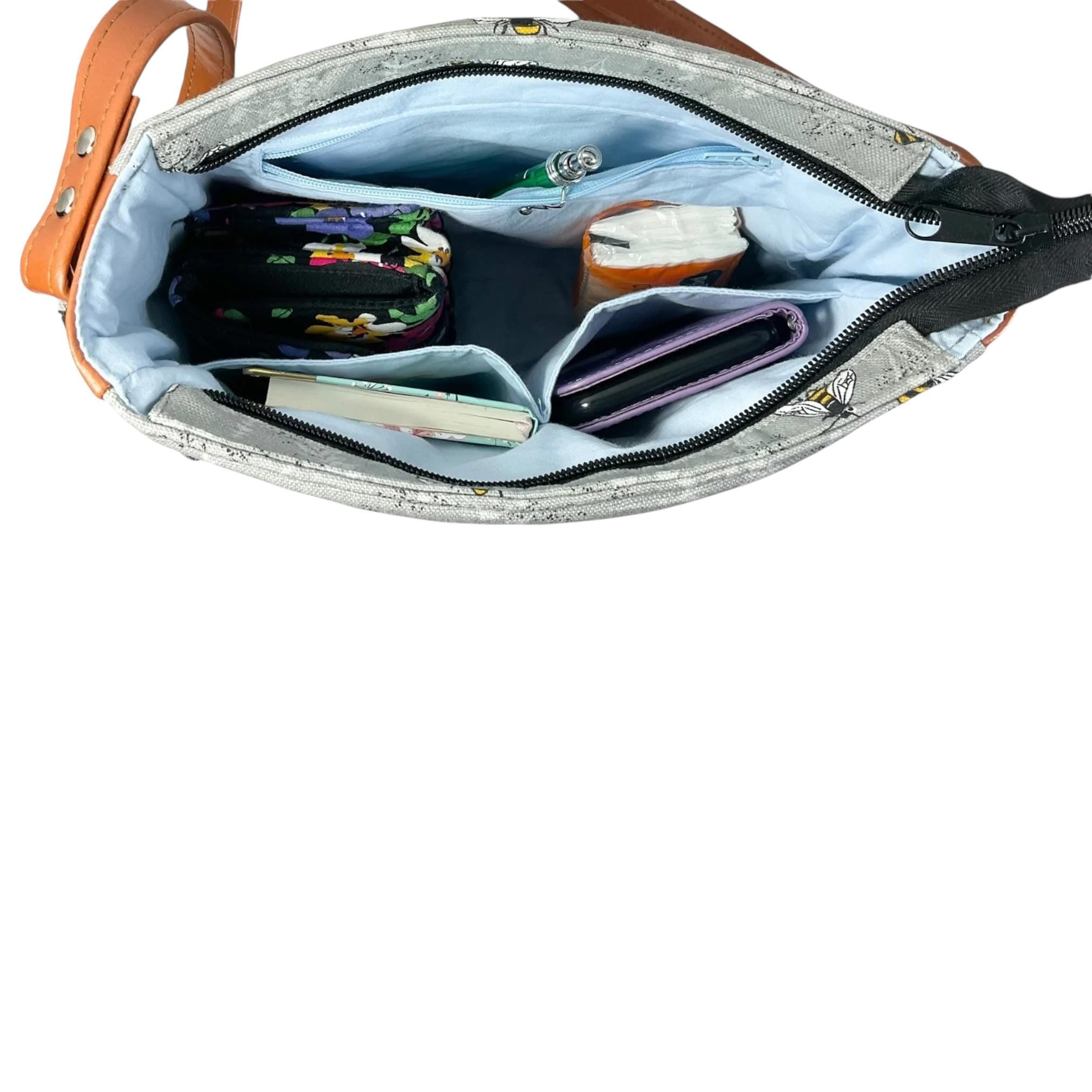 Handbag in faux leather and bee print,  vegan ladies gift, crossbody bag, shoulder zip pouch