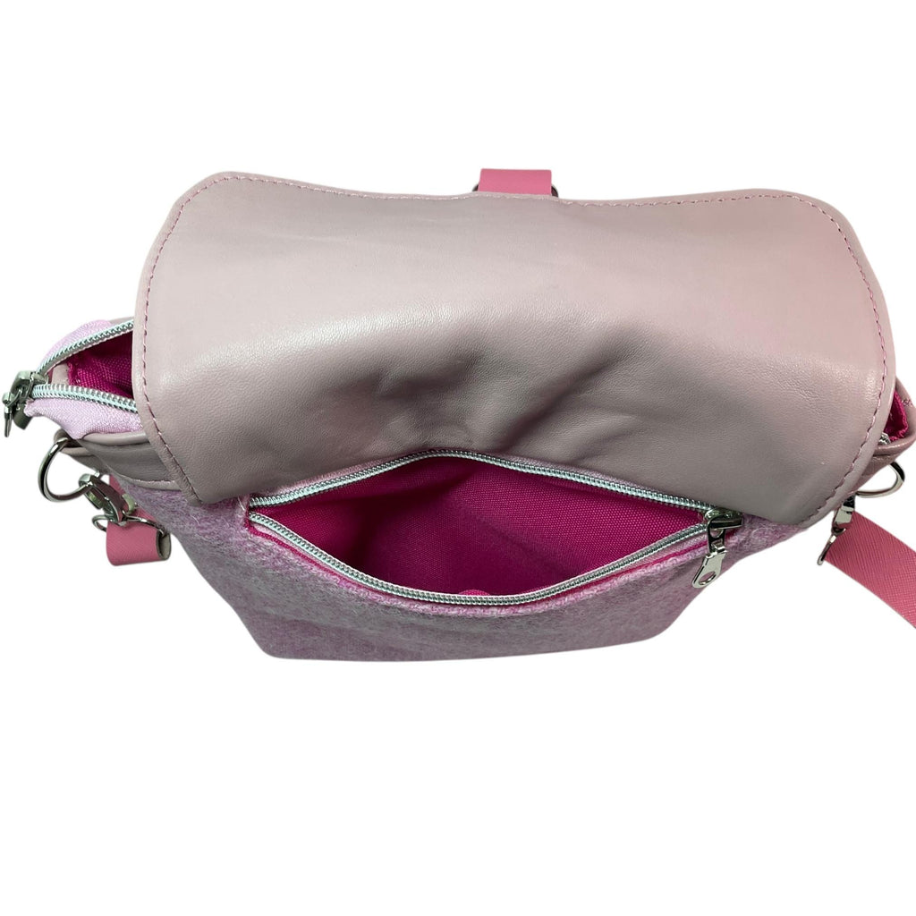 Satchel Handbag in genuine leather and Harris tweed pink pure wool,  medium sized zip top shoulder bag, pink lovers