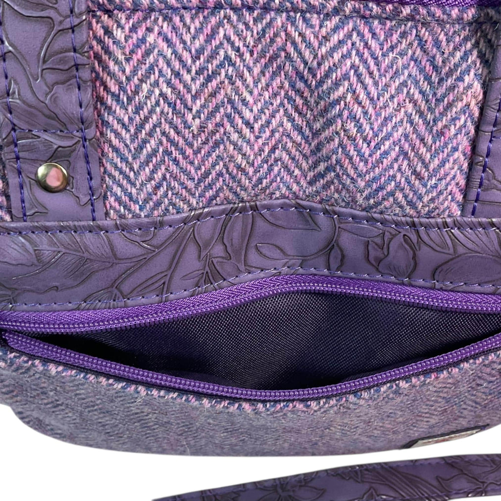 Harris tweed Crossbody Handbag, floral faux leather tote, purple  shoulder bag,  zip pocket large adjustable strap organiser bag