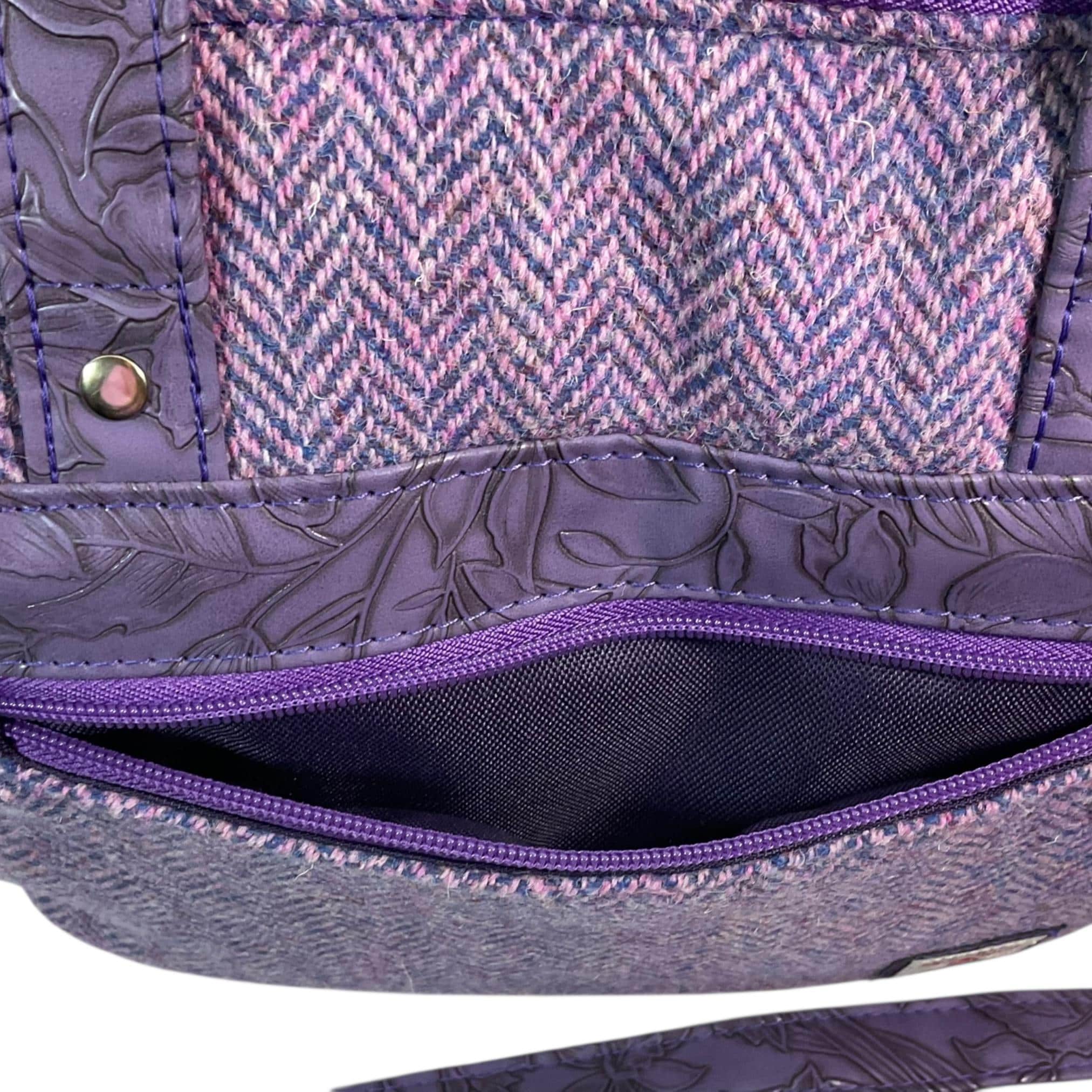 Harris tweed Crossbody Handbag, floral faux leather tote, purple  shoulder bag,  zip pocket large adjustable strap organiser bag