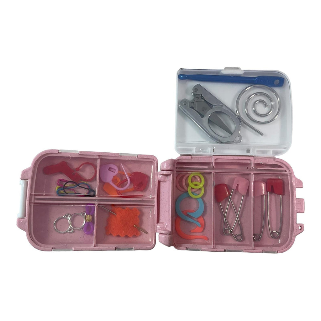 Cat Knitting notions and accessories box with cat motif, stitch marker small 8 compartment organiser for crafting, option filled with tools