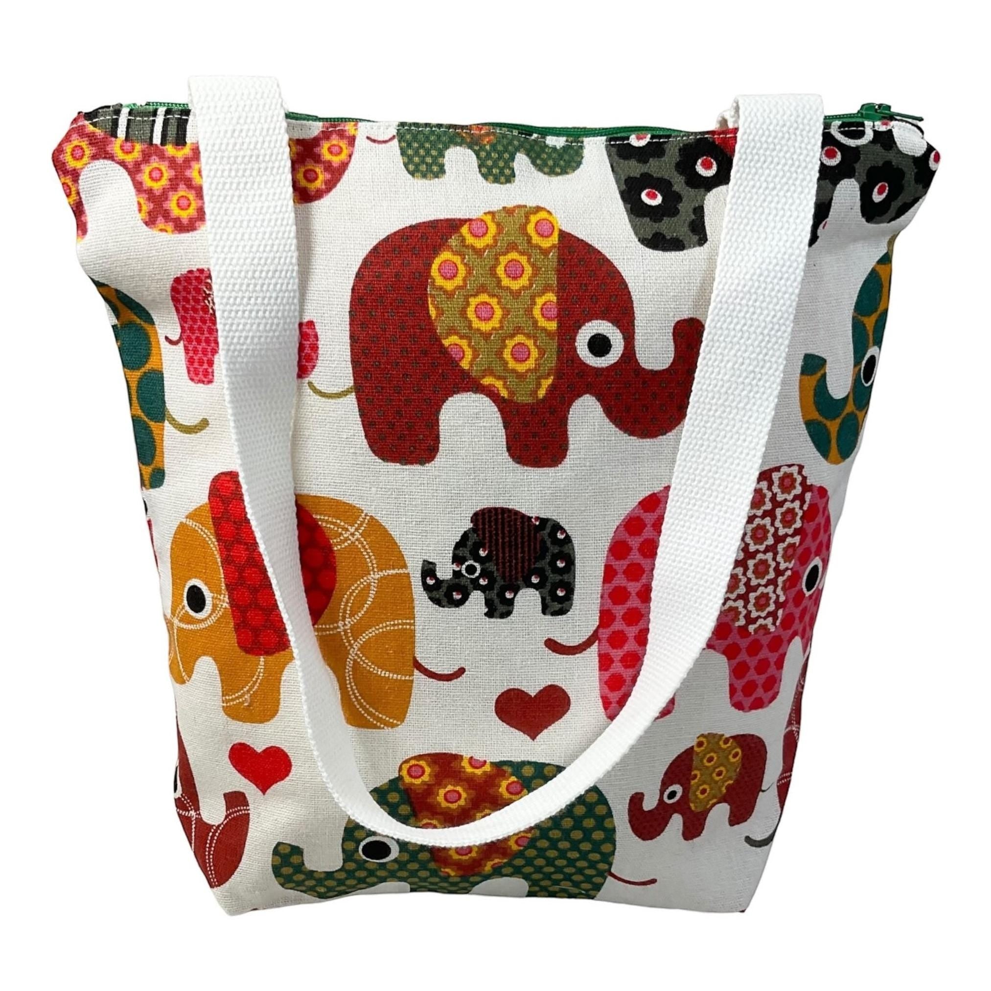 Elephant print canvas tote bag with zip closure, jungle creatures small cotton book purse with pockets, gift for girls