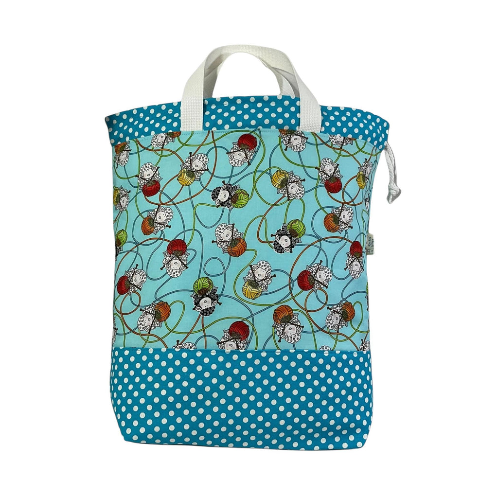 Extra Large drawstring knitting bag with sheep print, multi pockets project bag with handles