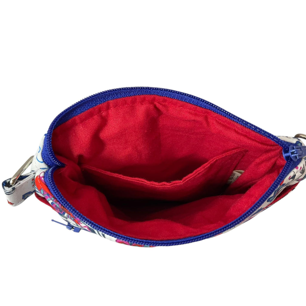 Liberty fabric slim phone shoulder bag with multi pockets, teen messenger style floral phone pouch, mini clutch bag, clubbing festival bag,