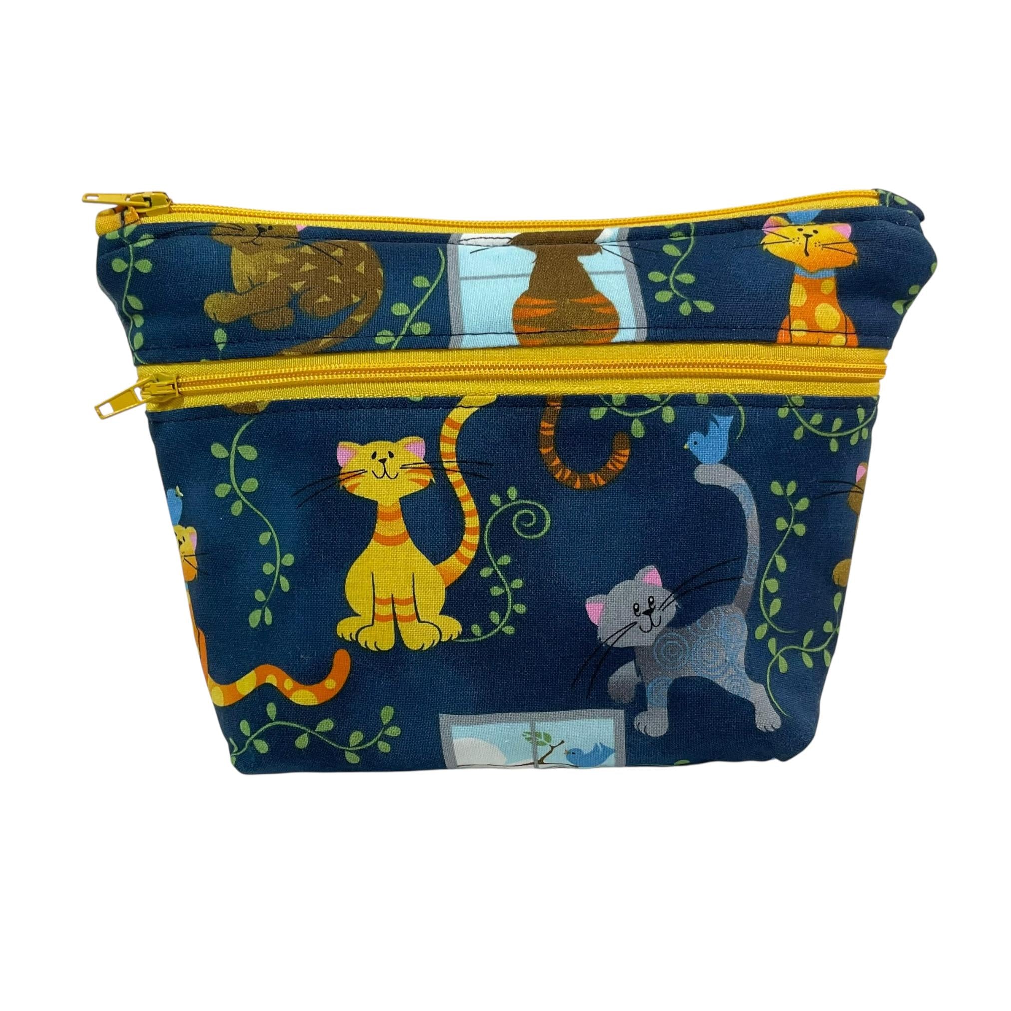 Cosmetics bag with cat print and 2 pockets,  makeup pouch, water resistant case, notions zipper pouch, cat lover gift