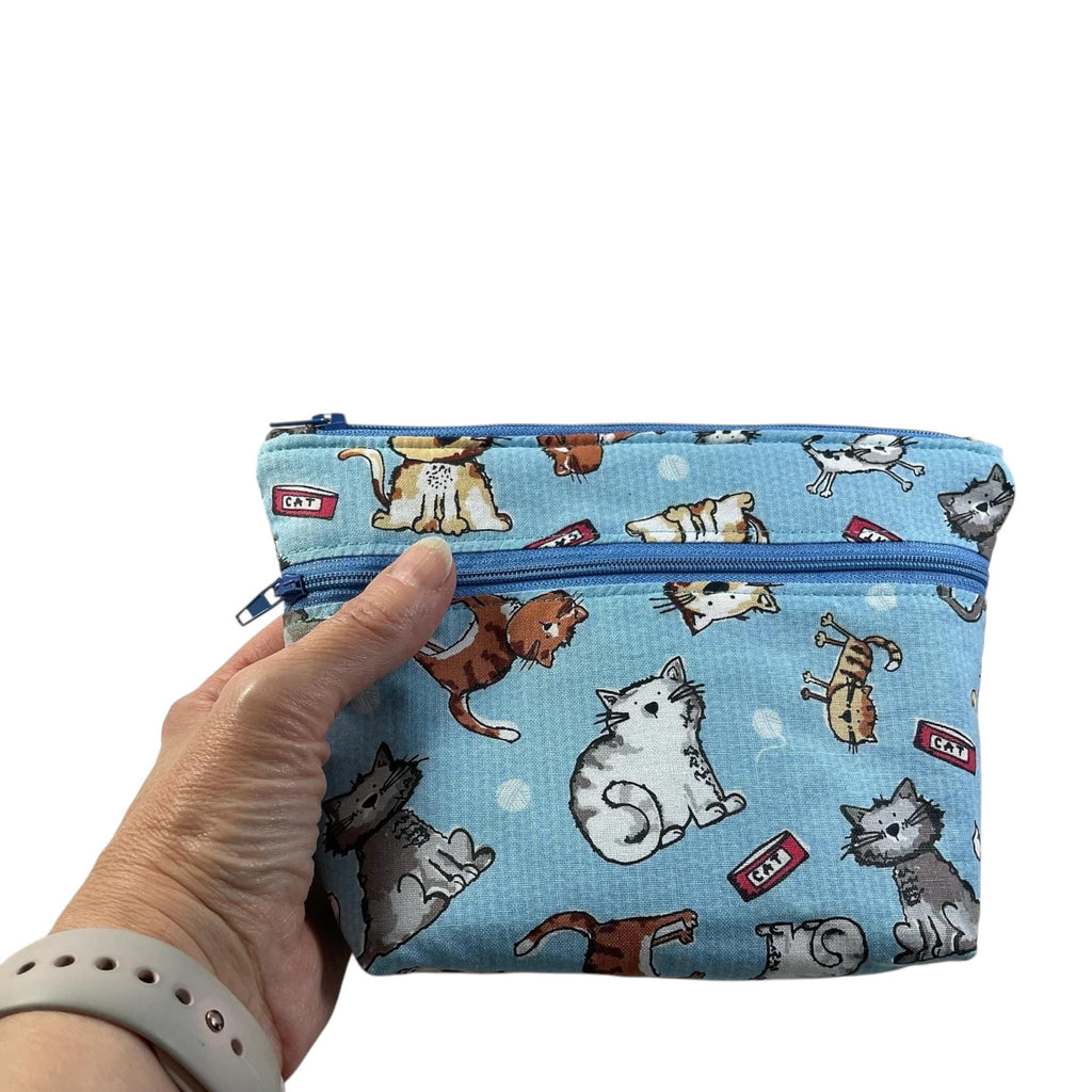 Cosmetics bag with cat print and 2 pockets,  makeup pouch, water resistant case, notions zipper pouch, cat lover gift