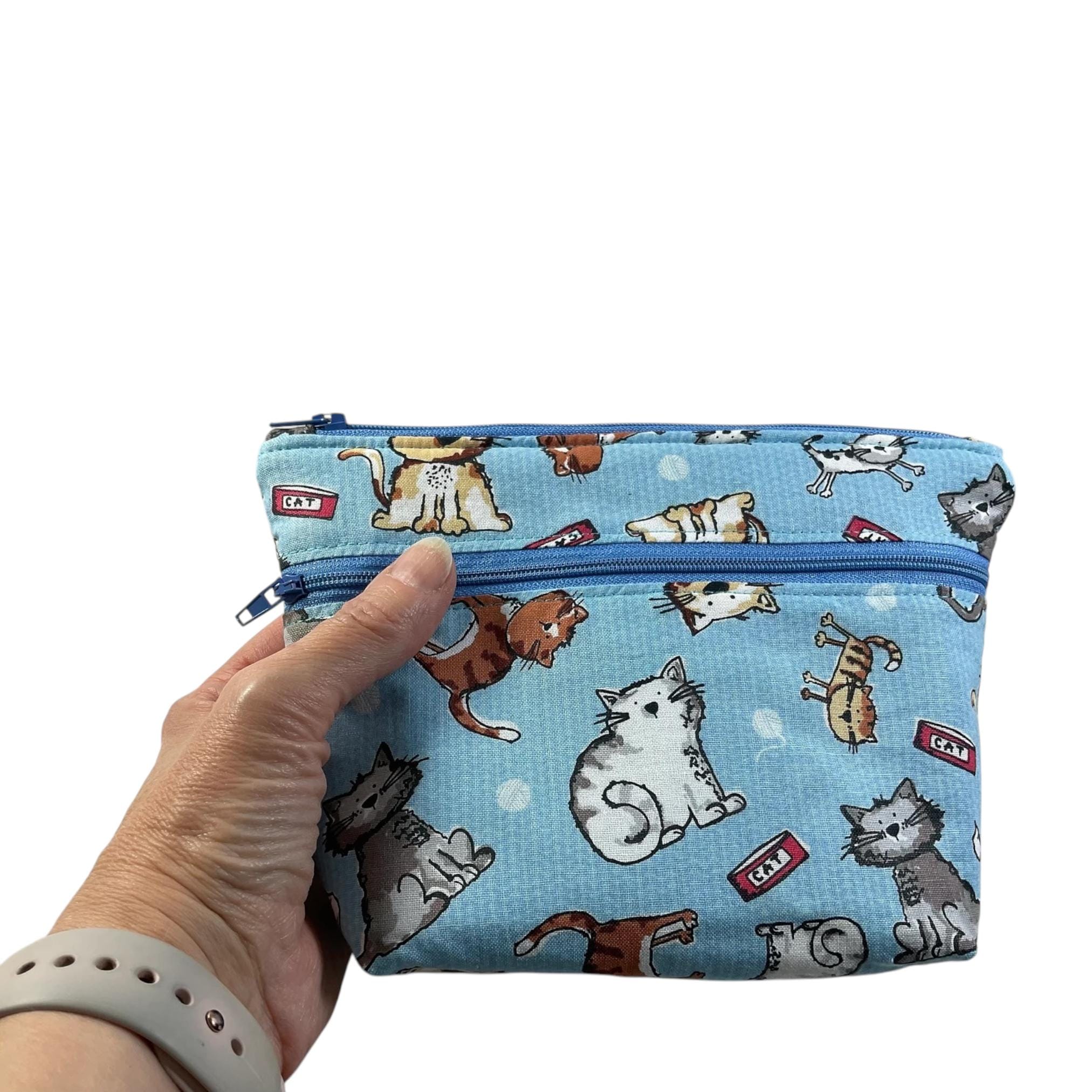 Cosmetics bag with cat print and 2 pockets,  makeup pouch, water resistant case, notions zipper pouch, cat lover gift