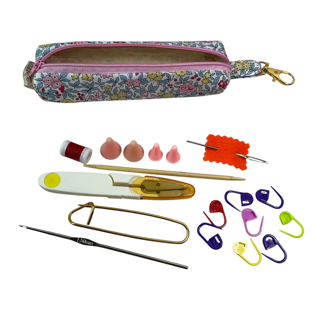 Knitting kit and crochet travel set in Liberty fabric, clip on bag travel kit, floral accessories pouch, travel scissors, crafting kit