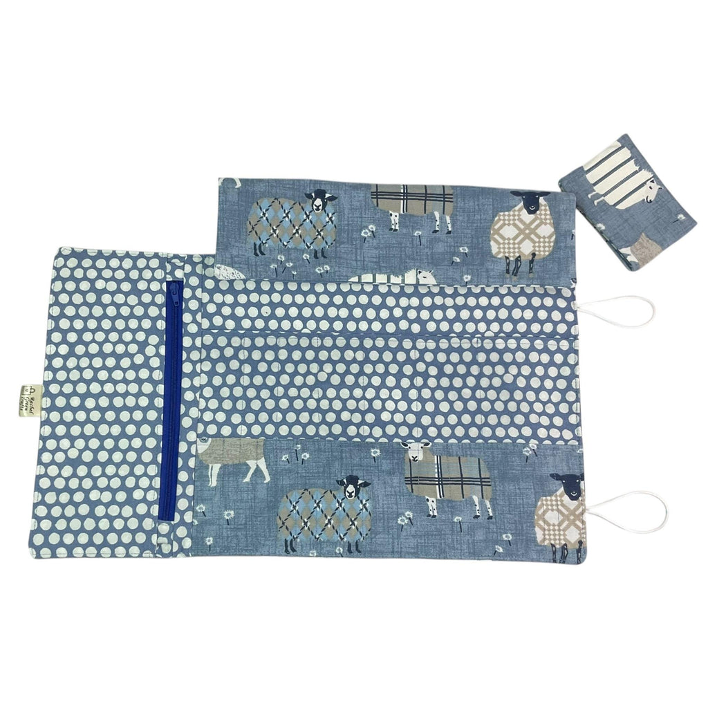 interchangeable and double pointed needle case with blue sheep, knitting needle pouch, hiya hiya case, knit pro wallet