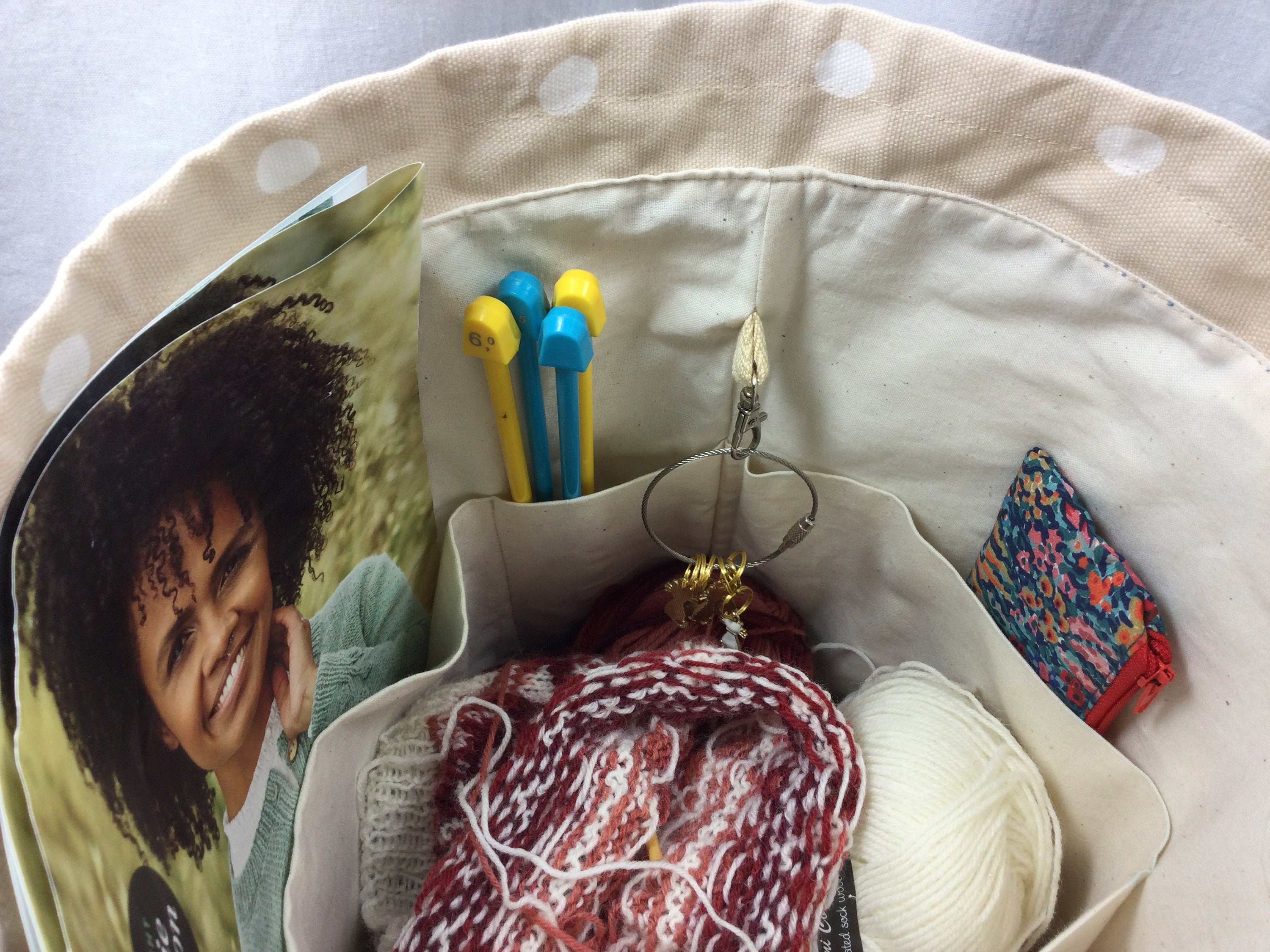 Extra Large canvas drawstring knitting bag with hummingbirds and butterflies print, multi pockets project bag with handles