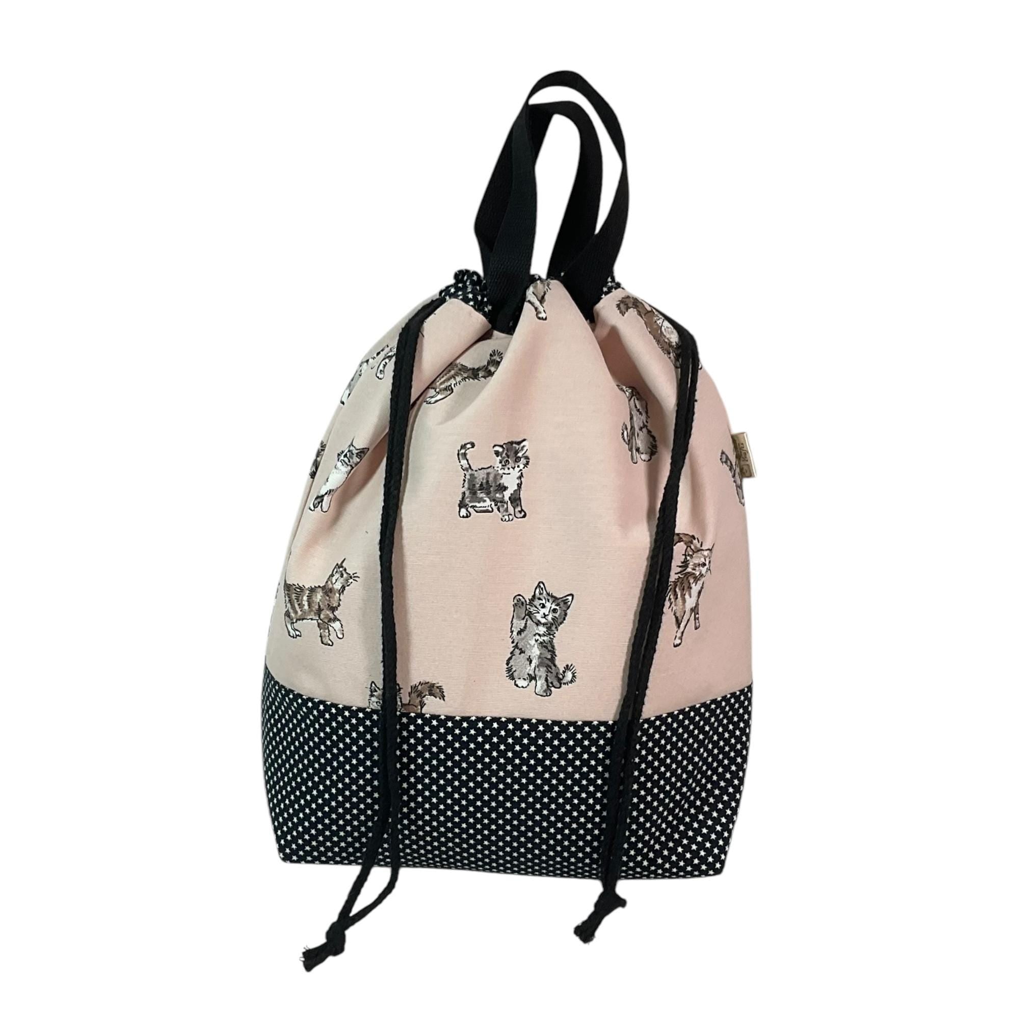 Extra Large drawstring knitting bag with cat print, multi pockets project bag with handles