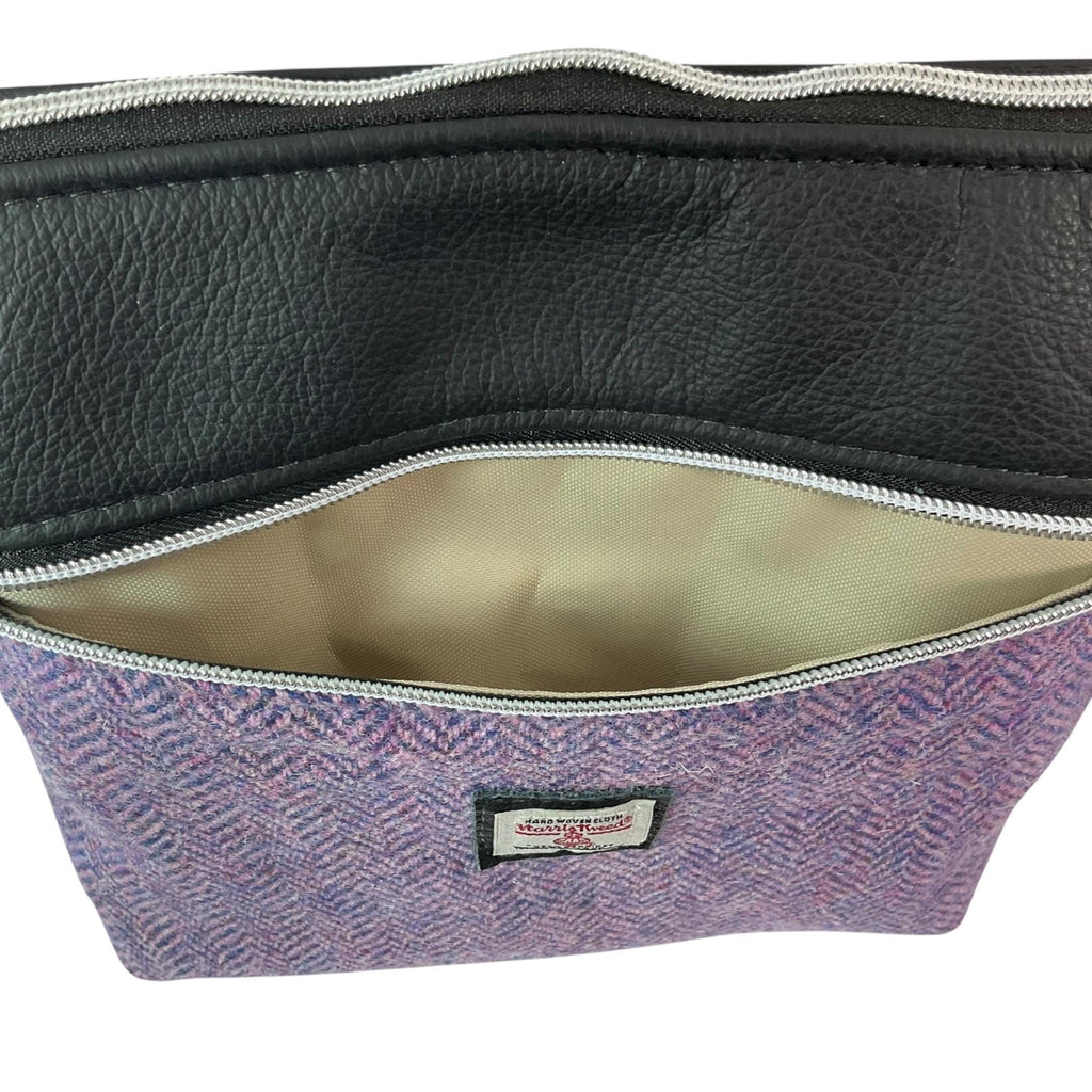 Handbag in genuine leather and Harris tweed tartan print pure wool,  blue and lilac herringbone medium sized zip top shoulder bag