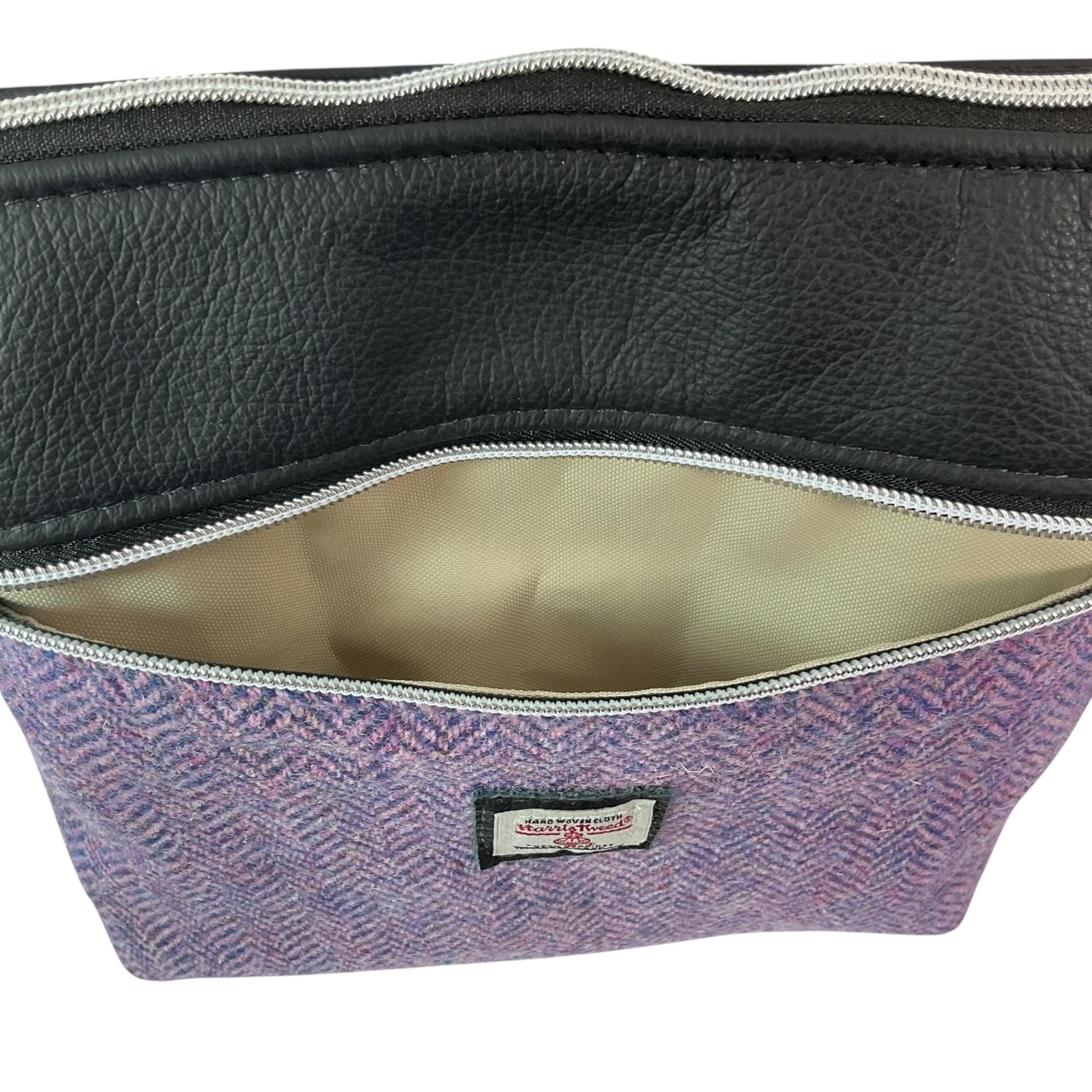 Handbag in genuine leather and Harris tweed tartan print pure wool,  blue and lilac herringbone medium sized zip top shoulder bag
