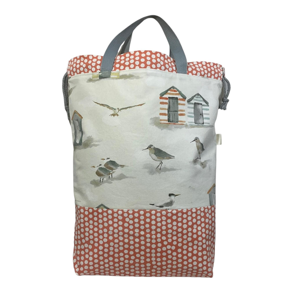 XXL  drawstring knitting bag with seaside beach print, supersized multi pockets project bag with handles, ladies gift