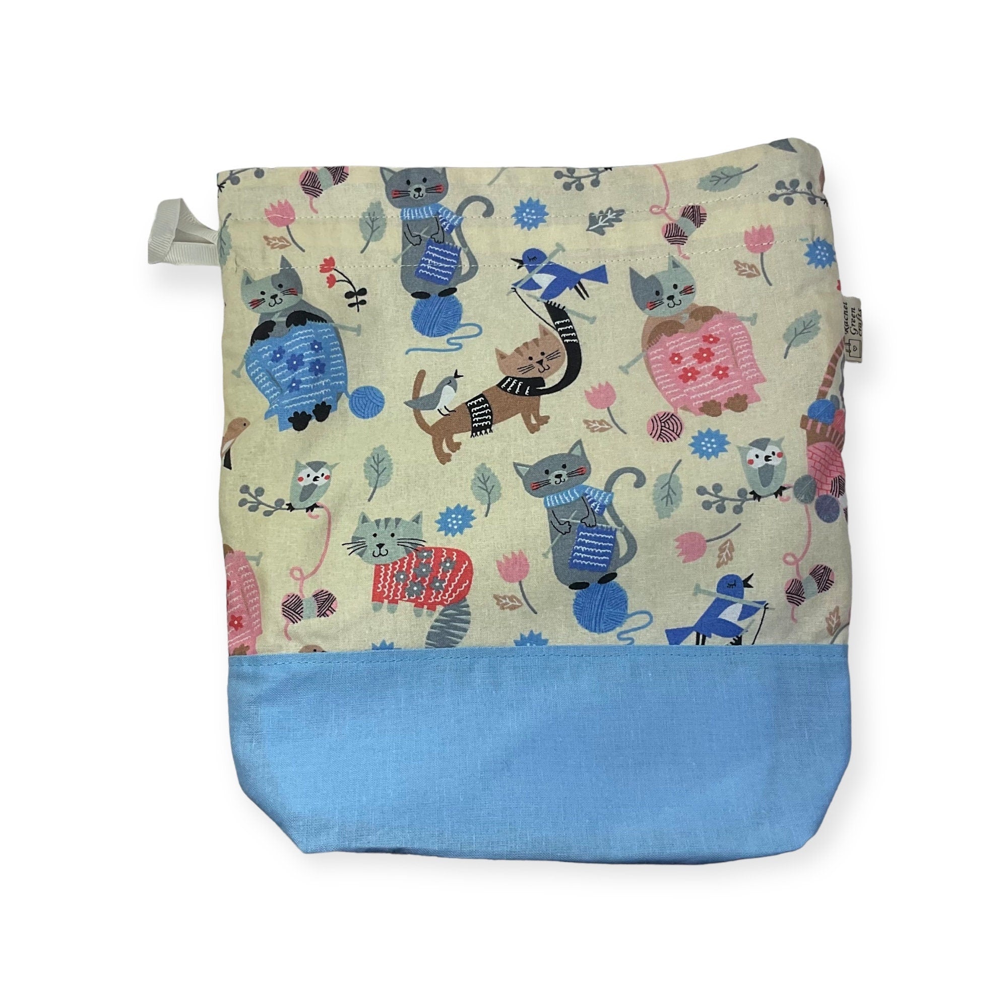 Two at a time knitting bag with cats, medium sock sack, blue drawstring divided, shoe, toiletries, work in progress bag , WIP bag