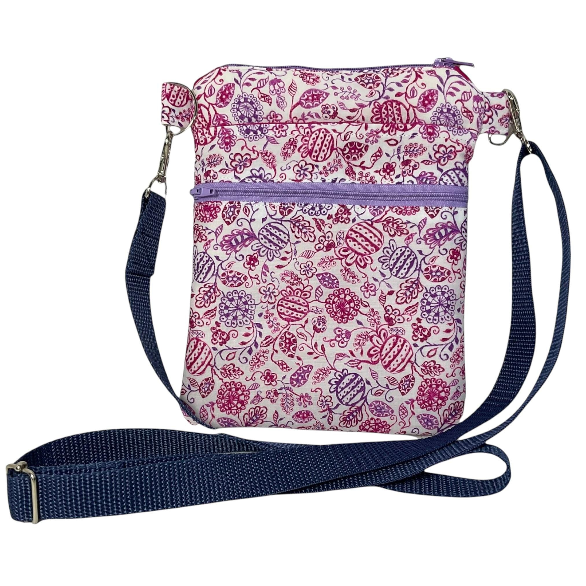 Liberty fabric slim shoulder bag with multi pockets, messenger style pink and purple floral phone purse, teenager bag