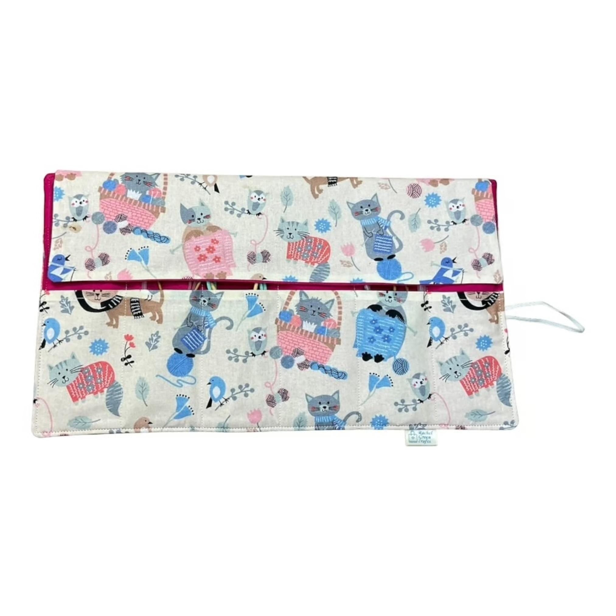 fixed Circular knitting needle case with cats, sock needles roll, needle wallet, knitters gift, needle holder,