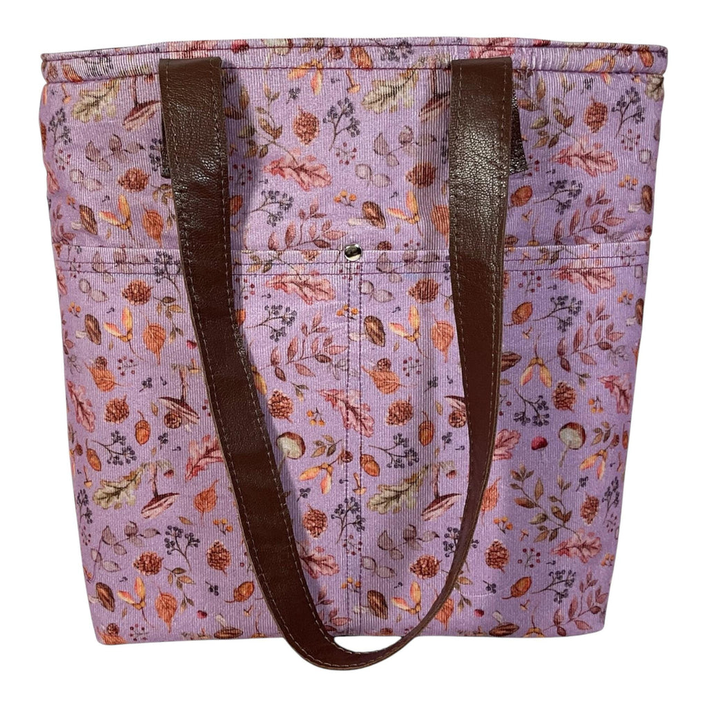 Woodland Floral Corduroy Tote Bag: Leather Accents, Structured Shoulder Bag