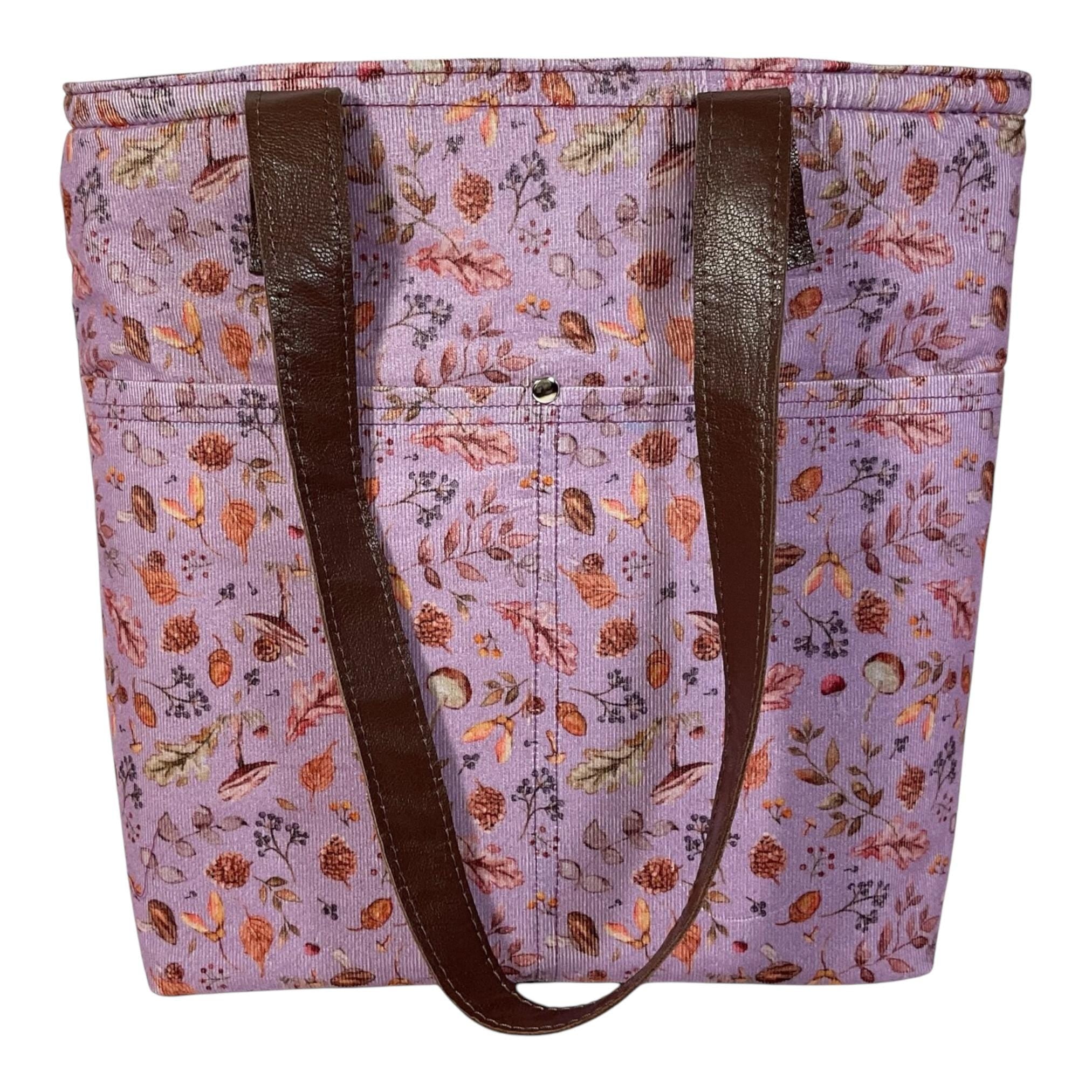 Woodland Floral Corduroy Tote Bag: Leather Accents, Structured Shoulder Bag