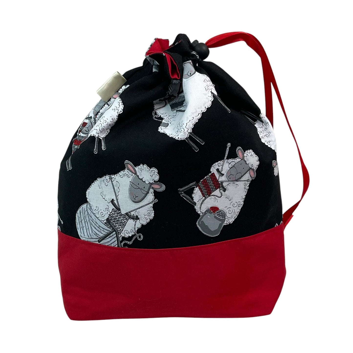 Knitting and crochet drawstring Two at a time project bag with sheep print