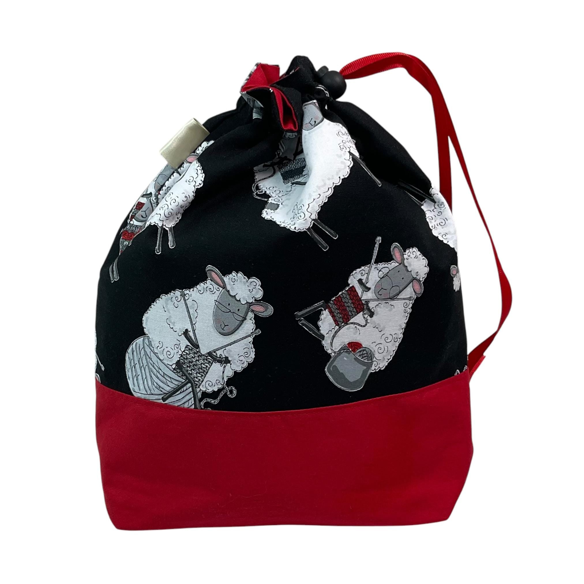 Knitting and crochet bag, Two at a time project bag with sheep print, drawstring divided sock sack, yarn work in progress pouch, craft gift