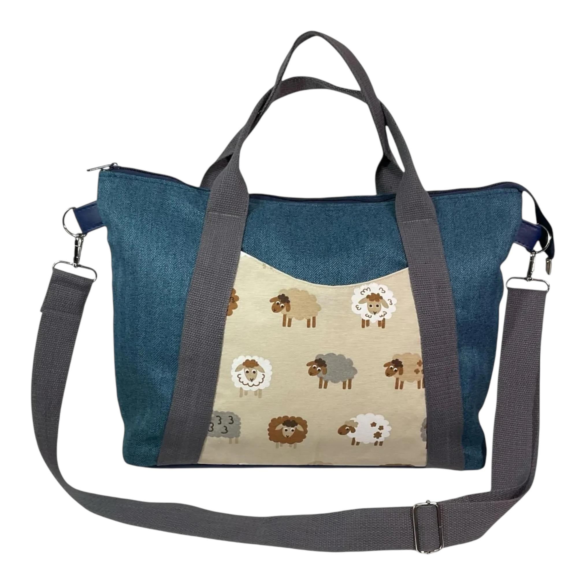 Knitting and crochet tote bag with zip top, large sheep organiser crossbody bag