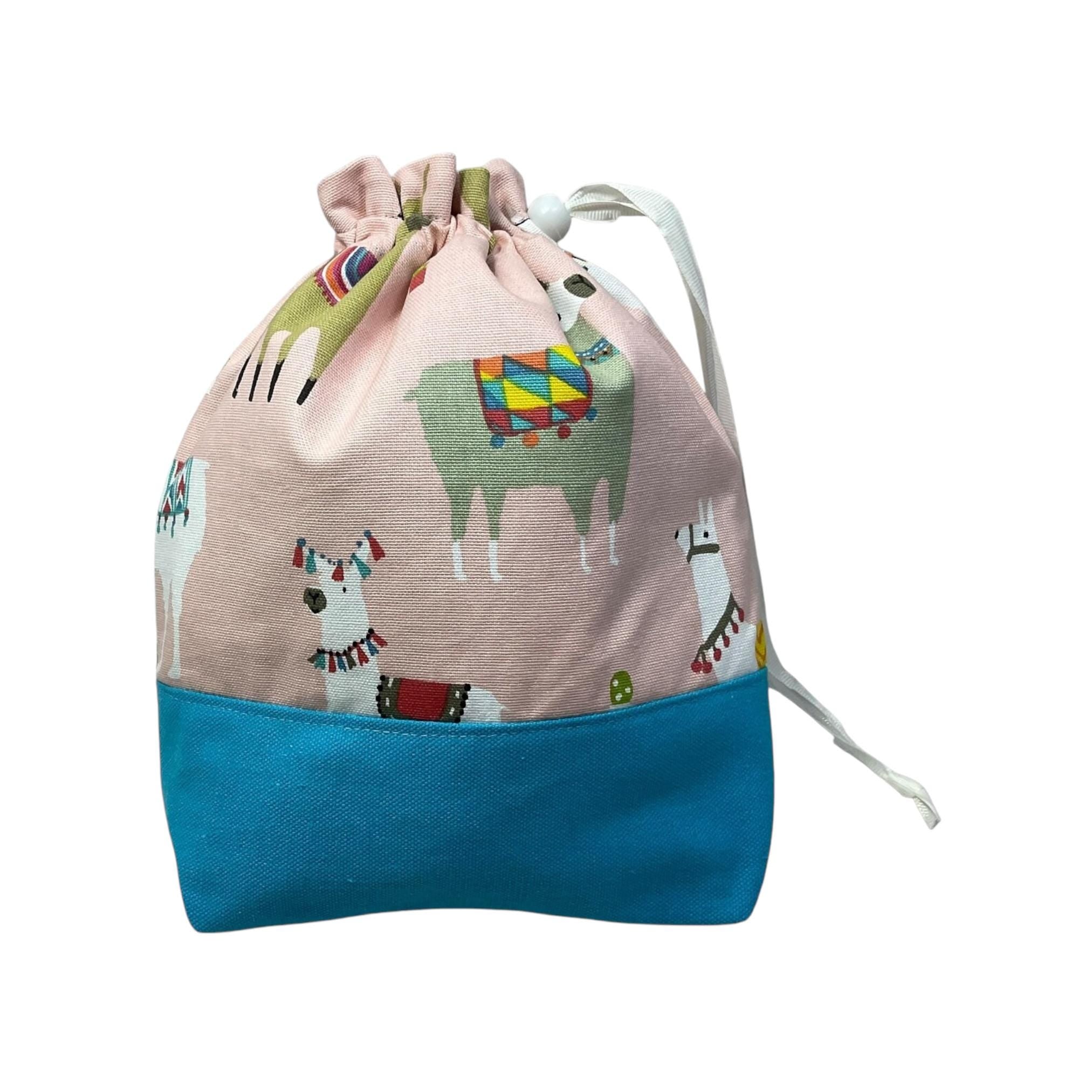 Two at a time knitting bag with llamas, blue medium sock sack, drawstring divided, shoe, toiletries pouch, work in progress, WIP bag