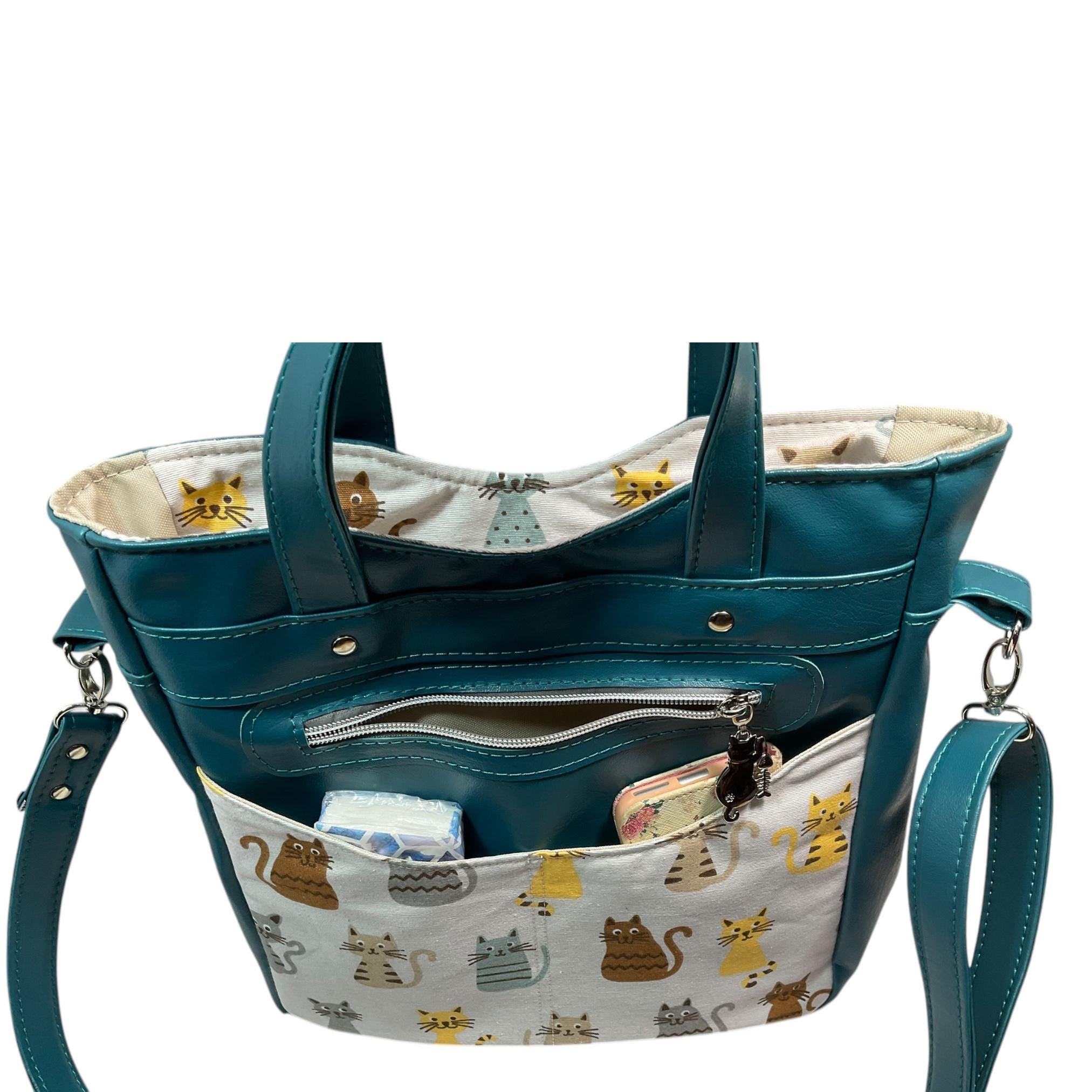 Handbag in faux leather and cat print, pet lover vegan ladies gift