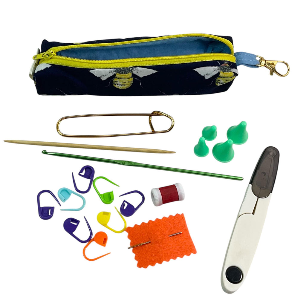 Knitting and crochet travel notions kit, clip on knit bag travel kit, stitch markers, accessories pouch, travel scissors, crafting kit