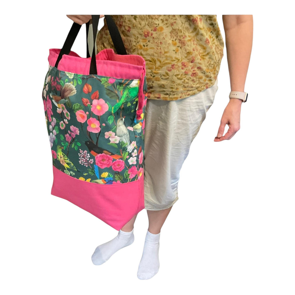 XXL  drawstring knitting bag with floral print, supersized multi pockets project bag with handles, ladies  gift