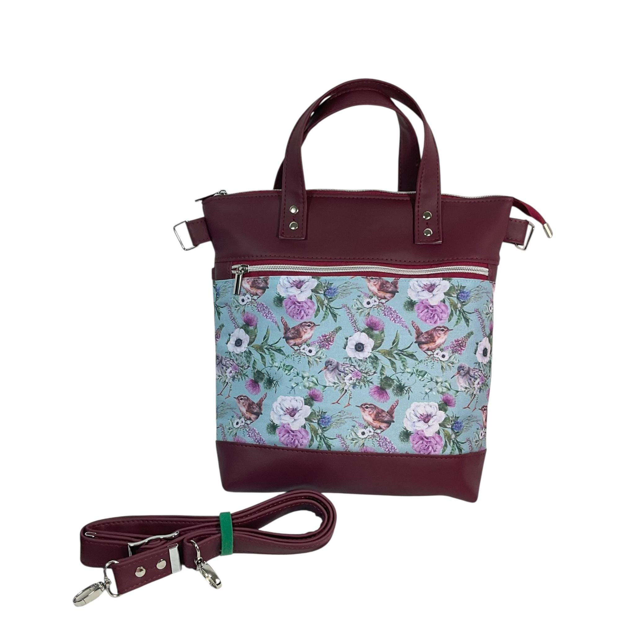 Handbag in faux Leather and bird  print  fabric, medium tote style zip top shoulder crossbody with carry handles