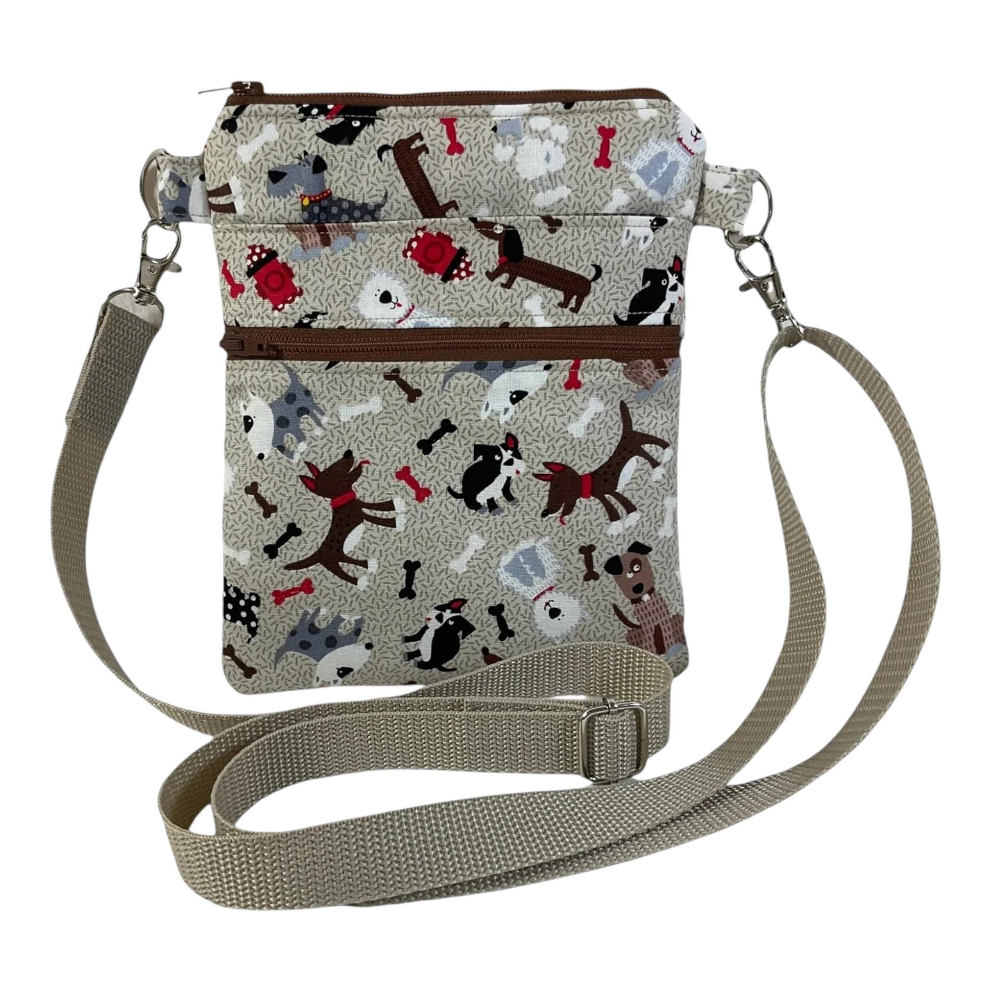 Slim phone shoulder bag with multi pockets and dog print, teen messenger phone pouch, mini clutch bag, clubbing festival bag, dog lover gift