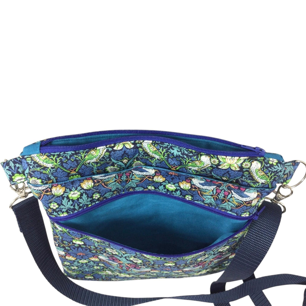 Liberty fabric slim shoulder bag with multi pockets, messenger style paisley  floral phone purse