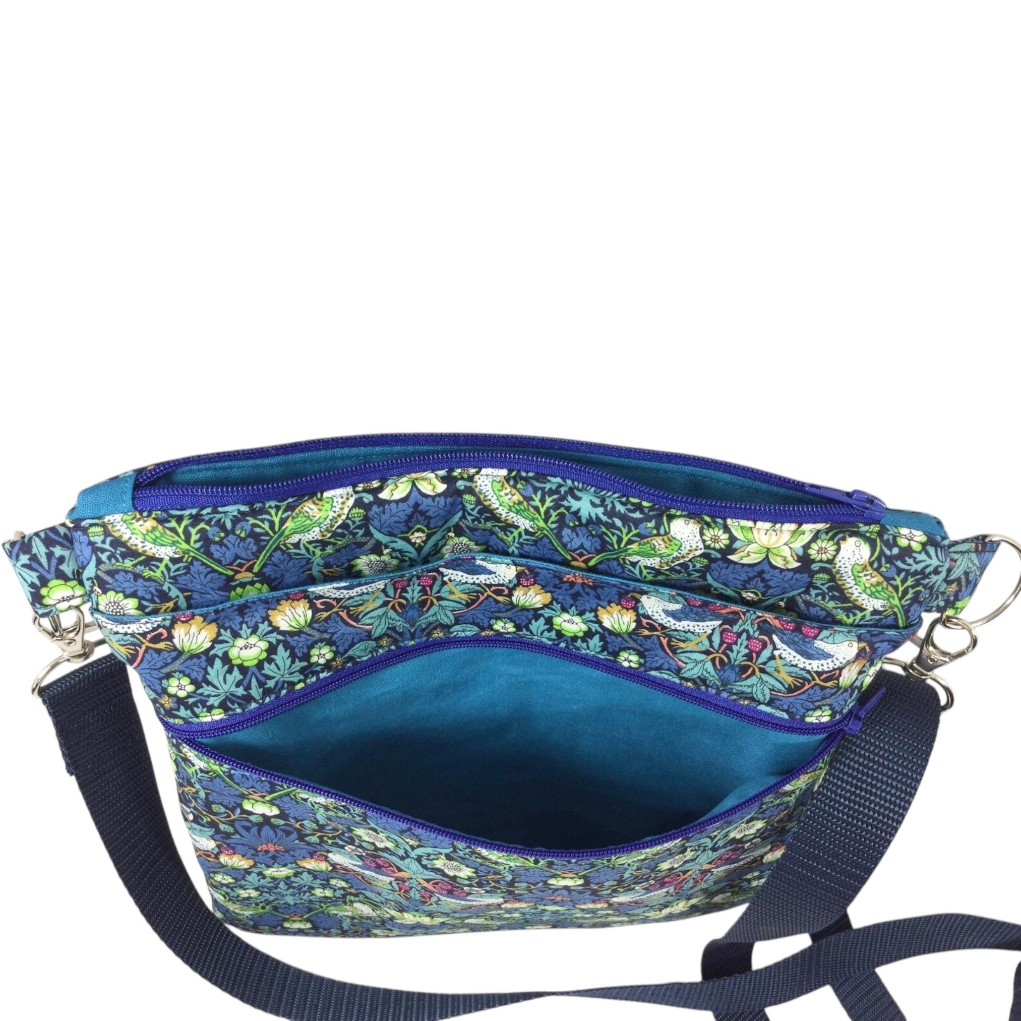 Liberty fabric slim shoulder bag with multi pockets, messenger style paisley  floral phone purse