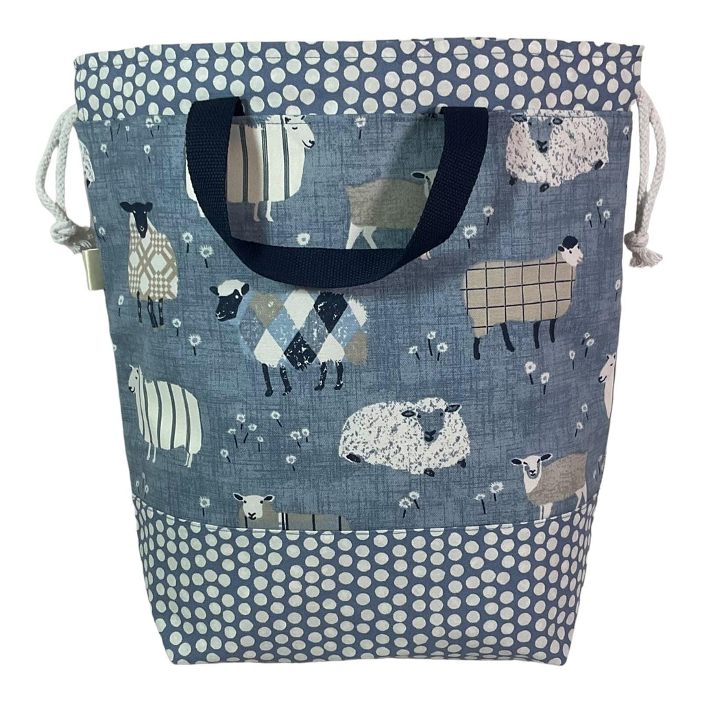 Extra Large drawstring knitting bag with blue sheep print, multi pockets project bag with handles
